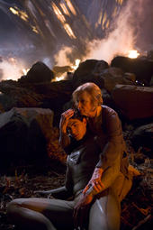 Superman and Martha Kent, 
in front of his meteorite spaceship